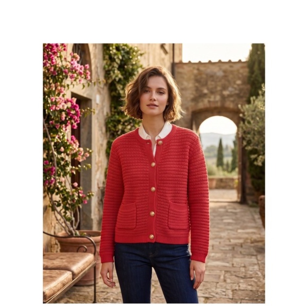 Fate Women Red Textured Knit Cardigan Gold Crest Button Front Pocket Sweater S